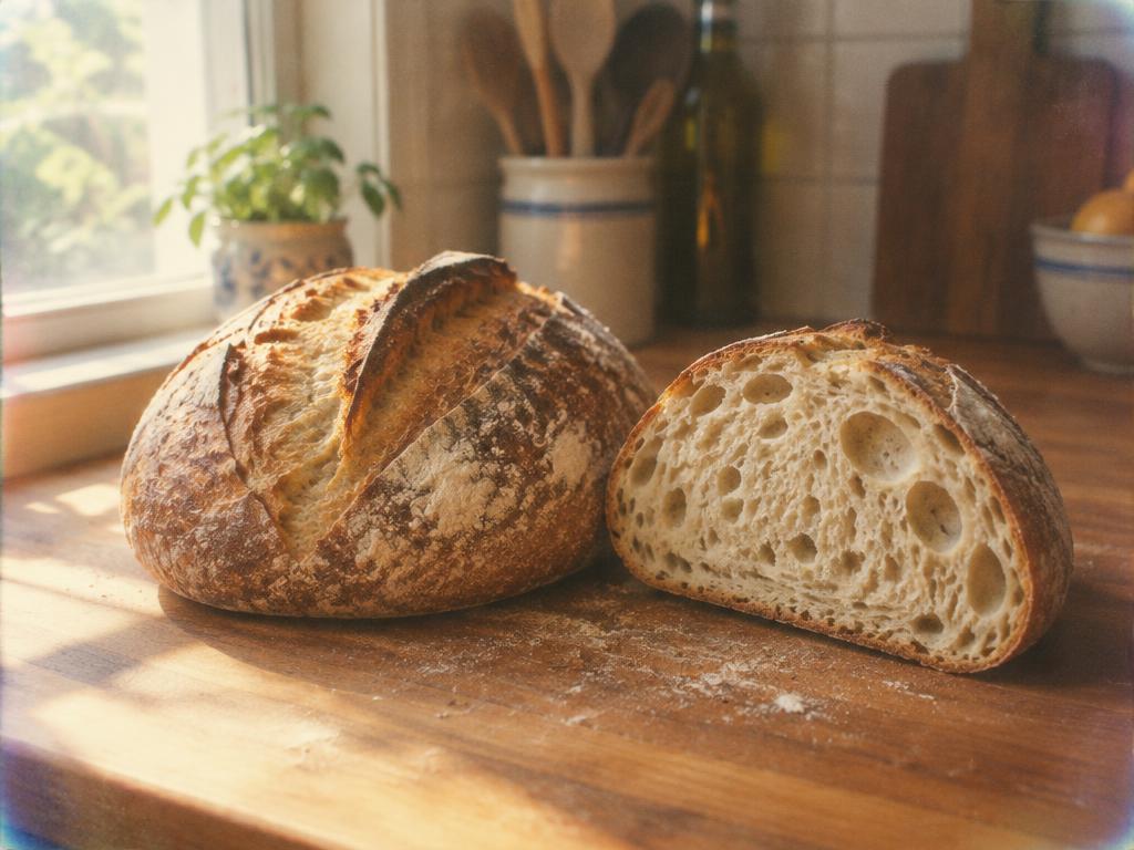 Crackly sourdough loaf and a sliced half with an open crumb on our kitchen counter